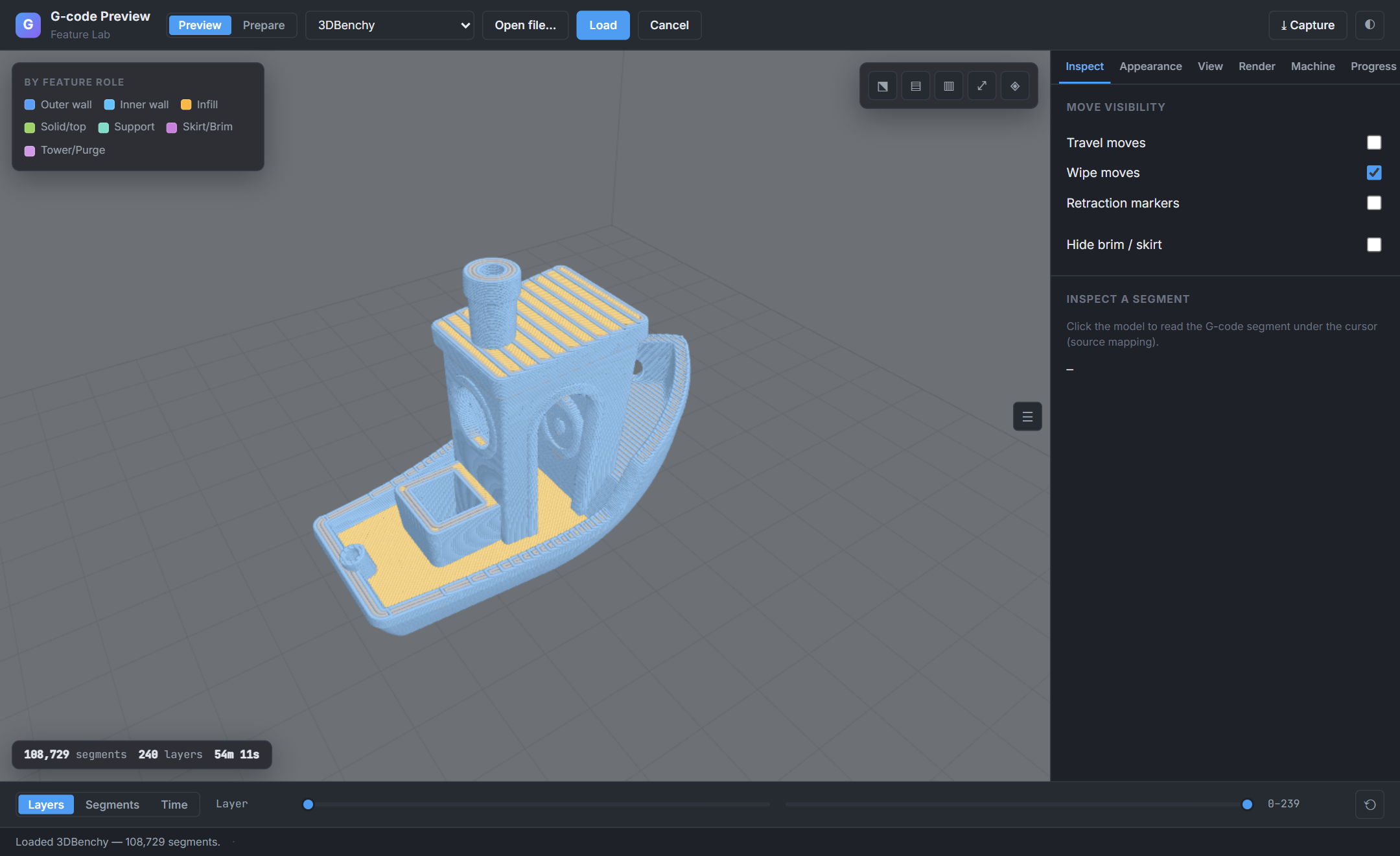 The G-code Preview Feature Lab — a 3DBenchy colored by feature role in the viewport, with the inspector rail (move-visibility toggles, feature-role hide, segment inspection), a color-mode legend, camera controls, a layers/segments/time scrub strip, and honest capability badges