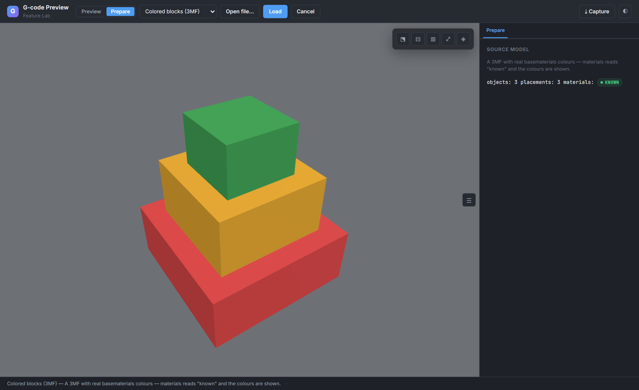 The Feature Lab in Prepare mode: a colored 3MF source model (red, amber, green stacked blocks) with a Source Model panel reporting 3 objects, 3 placements, and materials: known