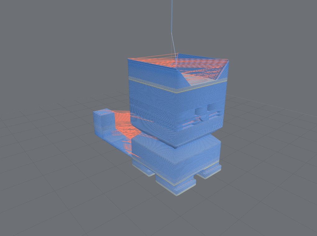 The calicat model colored by feedrate, from blue at slow moves to red at fast moves