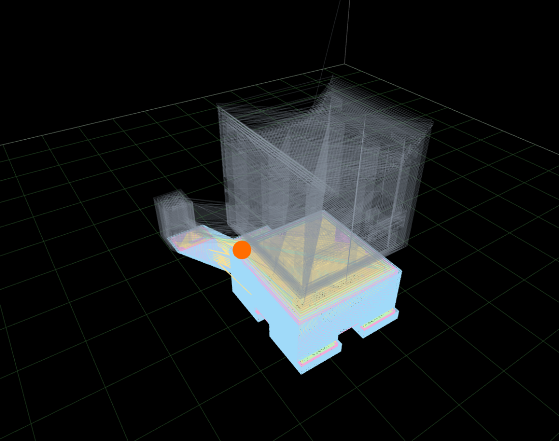 Live-progress overlay: the completed portion rendered in full color, the remaining path as a translucent ghost, and an orange marker at the byte-exact print position