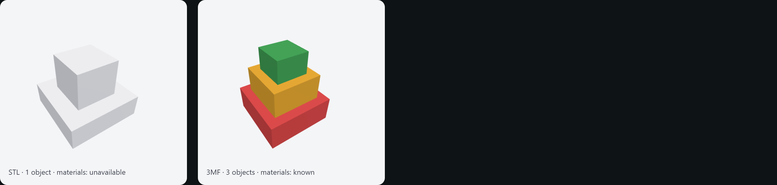 Two presentation thumbnails from renderModelStill: left, a neutral gray two-tier part from an STL labeled "materials: unavailable"; right, a red/amber/green three-block tower from a 3MF labeled "materials: known"