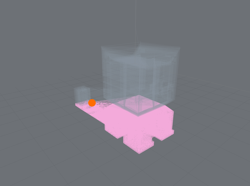 Live-progress overlay with a byte-exact position: completed toolpath in full color, remaining path as a translucent ghost, and an orange marker at the exact print position