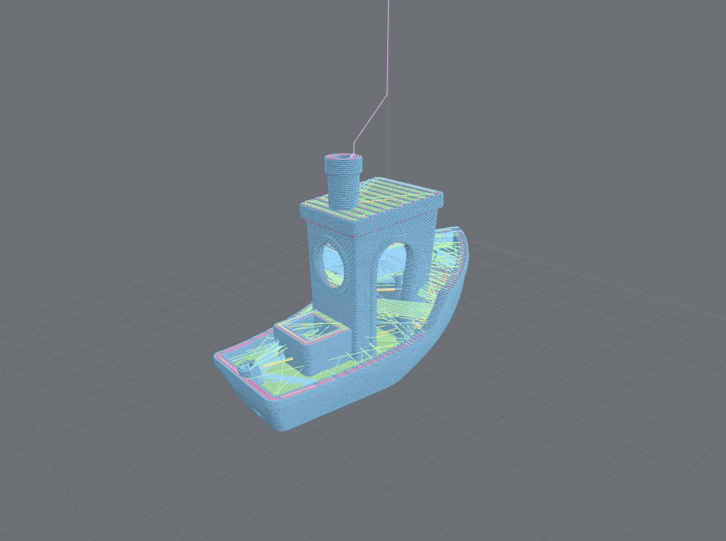 3DBenchy rendered as extrusion tubes with per-feature coloring on a neutral grey build plate